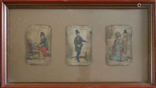 THREE ANTIQUE CARDS FRAMED AS ONE, H 4.5", W 3" EA...