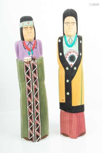 DENNIS PIOCHE, NAVAJO POLYCHROME CARVED WOOD FIGURES, PAIR, ...