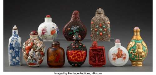 A Group of Ten Chinese Snuff Bottles Marks to tallest: six-c...