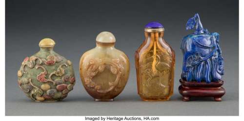 A Group of Four Chinese Snuff Bottles Marks to one example: ...