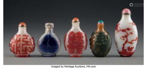 A Group of Five Chinese Peking Glass Snuff Bottles 3-1/8 x 1...