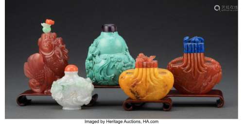 A Group of Five Chinese Hardstone Snuff Bottles 3 x 2-1/2 x ...