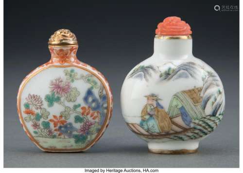 Two Chinese Porcelain Snuff Bottles, Qing Dynasty Marks to o...