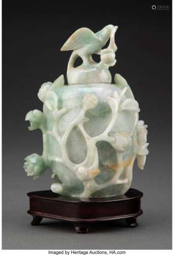 A Chinese Carved Jadeite Covered Jar 5-1/2 x 4-1/4 x 3-1/4 i...