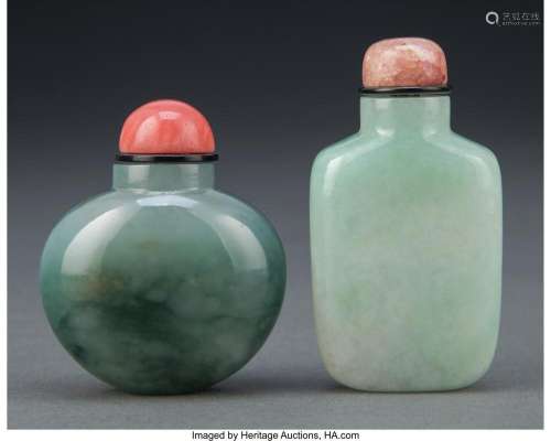 Two Chinese Jadeite Snuff Bottles 2-3/4 x 1-1/2 x 0-3/4 inch...