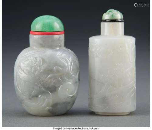 Two Chinese Jade Snuff Bottles 3 x 1-3/8 x 1 inches (7.6 x 3...