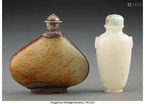 Two Chinese Carved Jade Snuff Bottles 3 x 3 x 1-1/8 inches (...