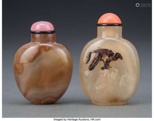 Two Chinese Agate Snuff Bottles 2-3/4 x 1-3/4 x 1 inches (7....
