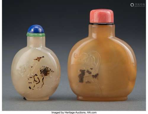 Two Chinese Agate Snuff Bottles 3 x 2-1/4 x 0-7/8 inches (7....