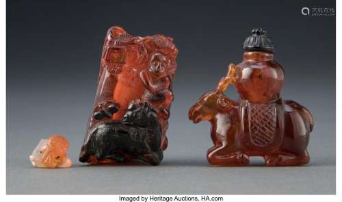 Two Chinese Amber Snuff Bottles 2-1/2 x 1-5/8 x 1 inches (6....