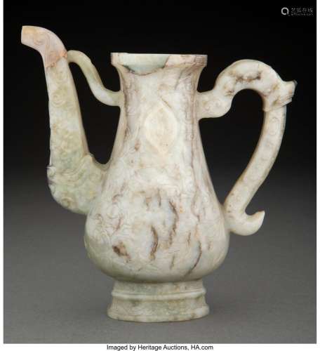 A Chinese Celadon and Russet Jade Ewer, Ming Dynasty 6-7/8 x...