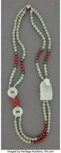 A Chinese Jade Necklace with a Jade Belt Hook 29-1/2 inches ...