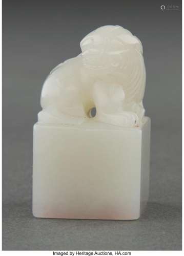 A Chinese Carved White Jade Seal, Qing Dynasty 1-3/4 x 1 x 1...