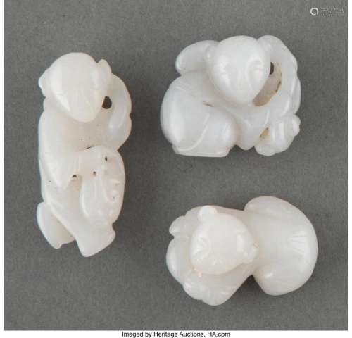 A Group of Three Chinese Carved Jade Figures 1-3/4 x 0-3/4 x...