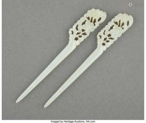 A Pair of Chinese White Jade Hairpins, Qing Dynasty 4-5/8 x ...