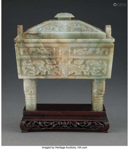 A Chinese Carved Jade Covered Censer 6-1/4 x 6-1/4 x 3-3/8 i...