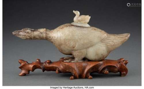 A Chinese Archaistic Mottled Gray Jade Duck-Form Covered Wat...