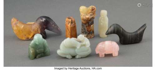 A Group of Eight Chinese Birdstone, Jade, and Hardstone Carv...