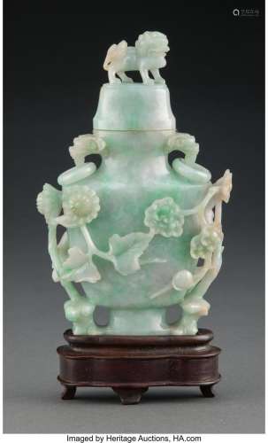 A Chinese Carved Jadeite Covered Vase 6-5/8 x 4 x 1-1/8 inch...