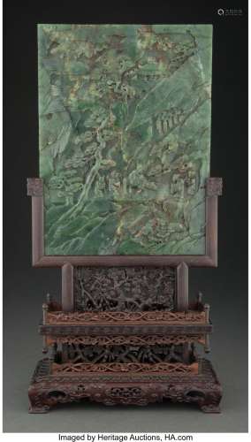 A Chinese Spinach Jade Table Screen with Carved Wood Stand, ...