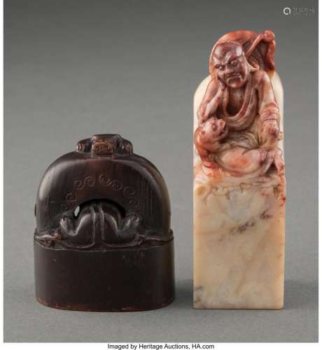 A Chinese Buffalo Horn Seal and a Chinese Soapstone Seal 4-3...