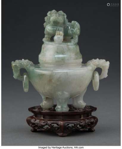 A Chinese Carved Jadeite Covered Censer 5-1/2 x 5-1/8 x 3-1/...