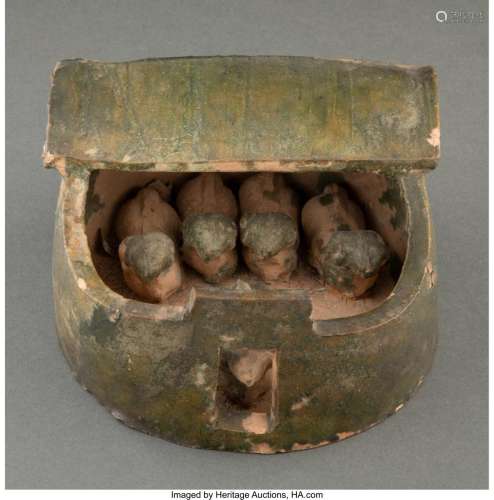 A Chinese Green Glazed Pottery Corral with Five Rams, Han Dy...