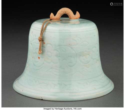 A Rare Chinese Carved Longquan Celadon Bell, Ming Dynasty 4-...