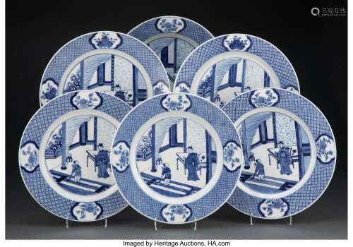 A Set of Six Chinese Blue and White Plates, Qing Dynasty, Ka...