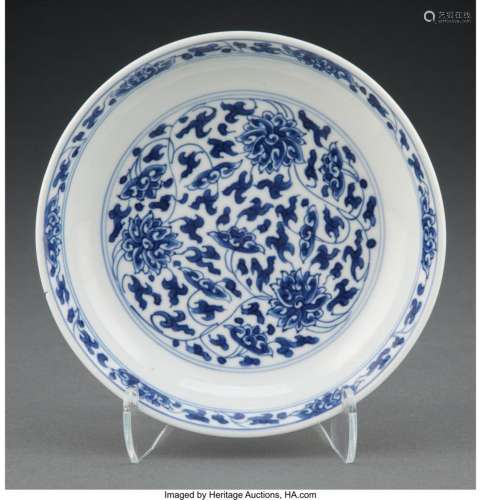 A Chinese Blue and White Lotus Dish Marks: six-character Kan...