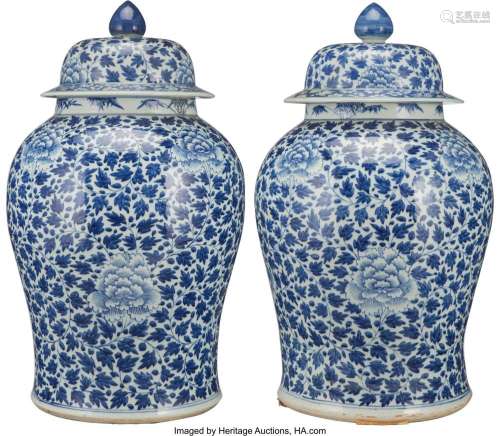 A Pair of Chinese Blue and White Covered Jars, Qing Dynasty ...