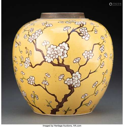 A Chinese Yellow-Glazed Plum Blossom Jar, Qing Dynasty 8 x 8...
