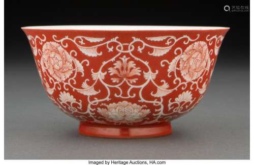 A Chinese Iron Red Glazed Bowl, Qing Dynasty Marks: four-cha...