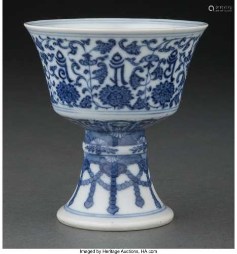 A Chinese Blue and White Lanca Stem Cup Marks: six-character...