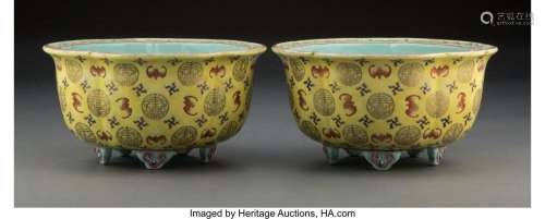 A Pair of Yellow-ground Enameled Lobed Planters Marks: six-c...