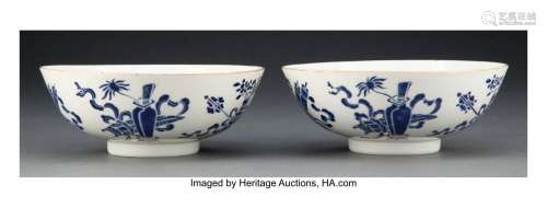 A Pair of Chinese Blue Enameled Hundred Antiques Bowls, Qing...