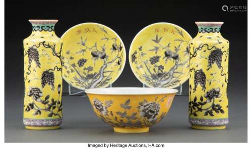 A Group of Five Chinese Yellow-Ground Dayazhai-Style Vessels...