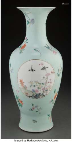 A Chinese Turquoise Ground Porcelain Floral Vase Marks: four...