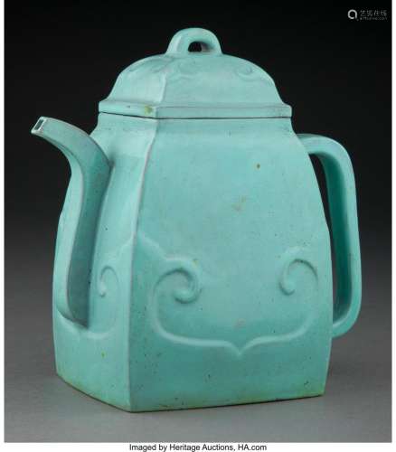 A Chinese Turquoise Glazed Yixing Teapot Marks: six-characte...