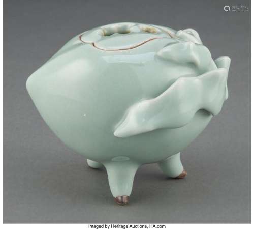 A Chinese Celadon Three Footed Censer 4 x 5-1/8 x 3-3/4 inch...