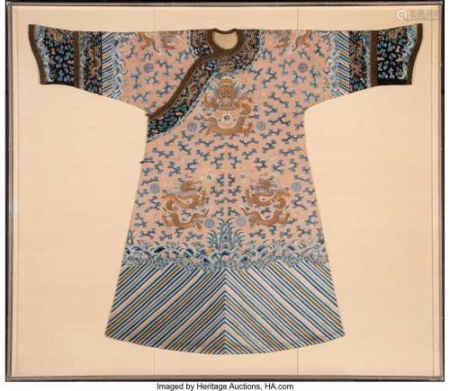 An Apricot-Ground Embroidered Silk Dragon Robe, Qing dynasty...