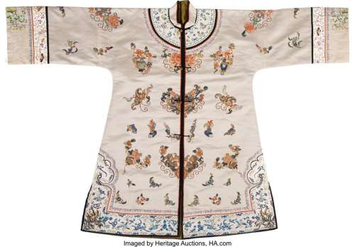 A Chinese Embroidered Silk Cream Ground Robe, Qing Dynasty 4...