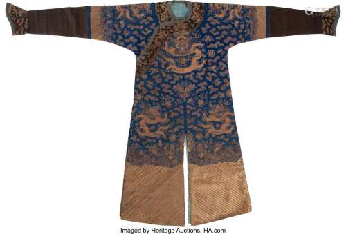 A Chinese Embroidered Silk Blue Ground Dragon Robe 56-1/2 x ...