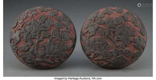 A Pair of Chinese Carved Red and Black Lacquer Covered Boxes...