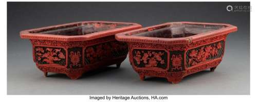A Pair of Chinese Carved Red and Black Lacquer Jardinières 4...