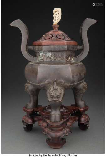 A Chinese Bronze Covered Censer with Carved Wood Base and Co...
