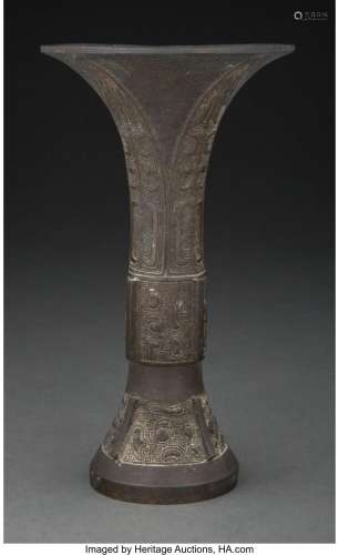 A Chinese Bronze Gu Vase, 17th/18th century 8 x 4-1/2 x 4-1/...