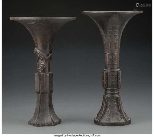 Two Chinese Bronze Gu Vases, 17th/18th century 10-7/8 x 5-7/...