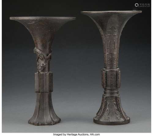 Two Chinese Bronze Gu Vases, 17th/18th century 10-7/8 x 5-7/...