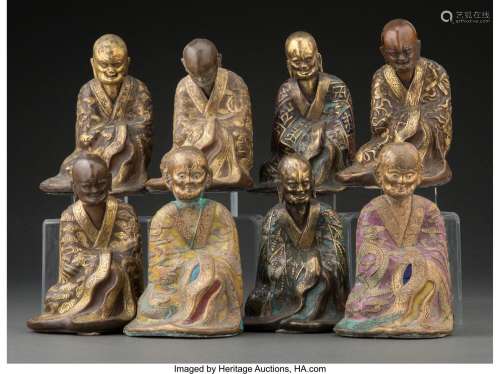 A Group of Eight Chinese Gilt Bronze Seated Lohan 6-1/2 x 4-...